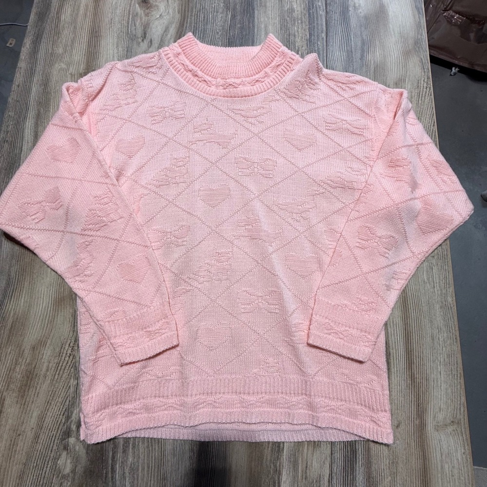 Vintage Glamour-Knit Sweater Pink Scottie Dog Heart Bow Grandmacore